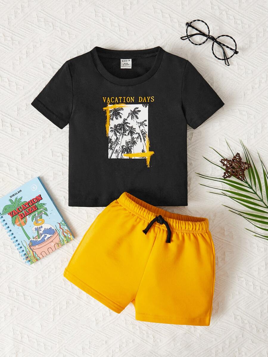 SHEIN 男嬰熱帶印花和字母圖案T恤和短褲