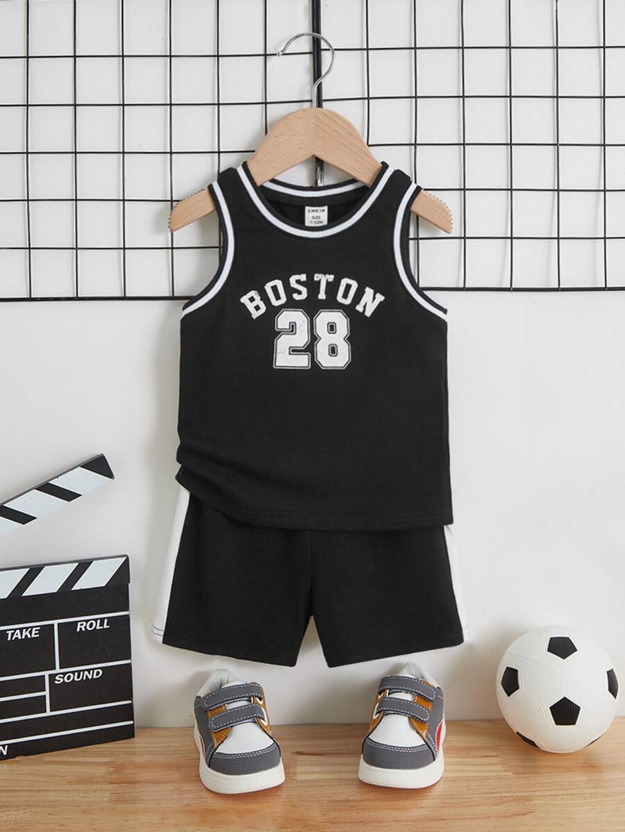 SHEIN Baby Boy Letter Graphic Tank Top & Shorts - Black - View 1