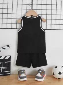 SHEIN Baby Boy Letter Graphic Tank Top & Shorts - Black - View 2