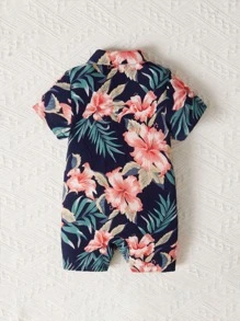 SHEIN Baby Boy Tropical Print Shirt Romper - Navy Blue - View 2