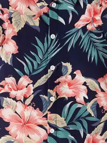 SHEIN Baby Boy Tropical Print Shirt Romper - Navy Blue - View 3