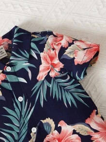 SHEIN Baby Boy Tropical Print Shirt Romper - Navy Blue - View 4