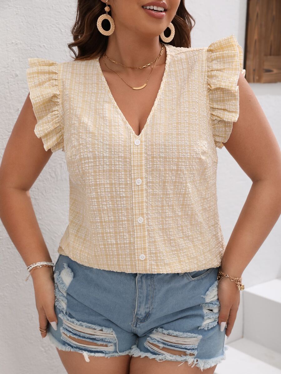 SHEIN VCAY Blusa con estampado de cuadros de manga mariposa - Multicolor - Ver 1