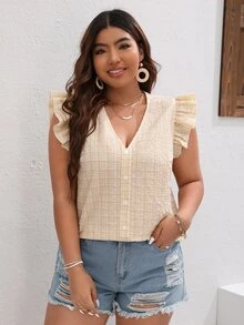 SHEIN VCAY Blusa con estampado de cuadros de manga mariposa - Multicolor - Ver 4