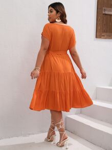 SHEIN VCAY Plus Batwing Sleeve Ruffle Hem Belted Dress - Orange - View 2