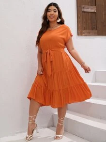 SHEIN VCAY Plus Batwing Sleeve Ruffle Hem Belted Dress - Orange - View 3