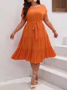 SHEIN VCAY Plus Batwing Sleeve Ruffle Hem Belted Dress - Orange - View 4