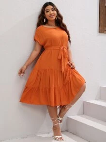 SHEIN VCAY Plus Batwing Sleeve Ruffle Hem Belted Dress - Orange - View 5