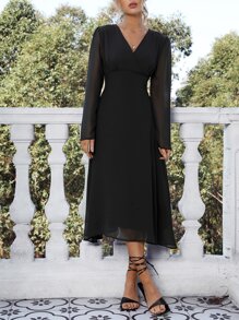 Aveloria Solid V Neck A Line Dress - Black - View 3