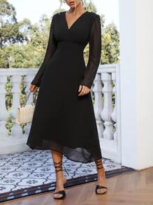 Aveloria Solid V Neck A Line Dress - Black - View 5