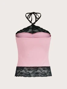 ROMWE Kawaii 對比色蕾絲抓皺掛脖上衣 - 粉色 - 查看 2