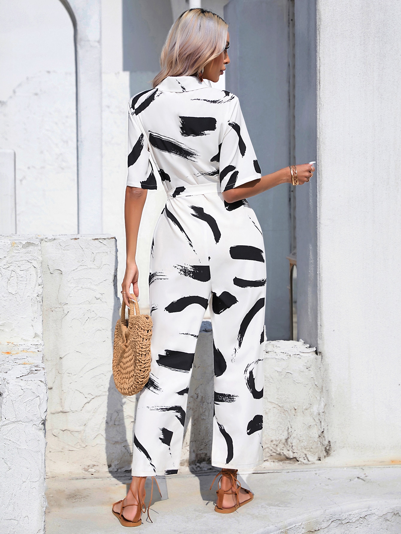 Brush Print Belted Shirt Jumpsuit SHEIN UK