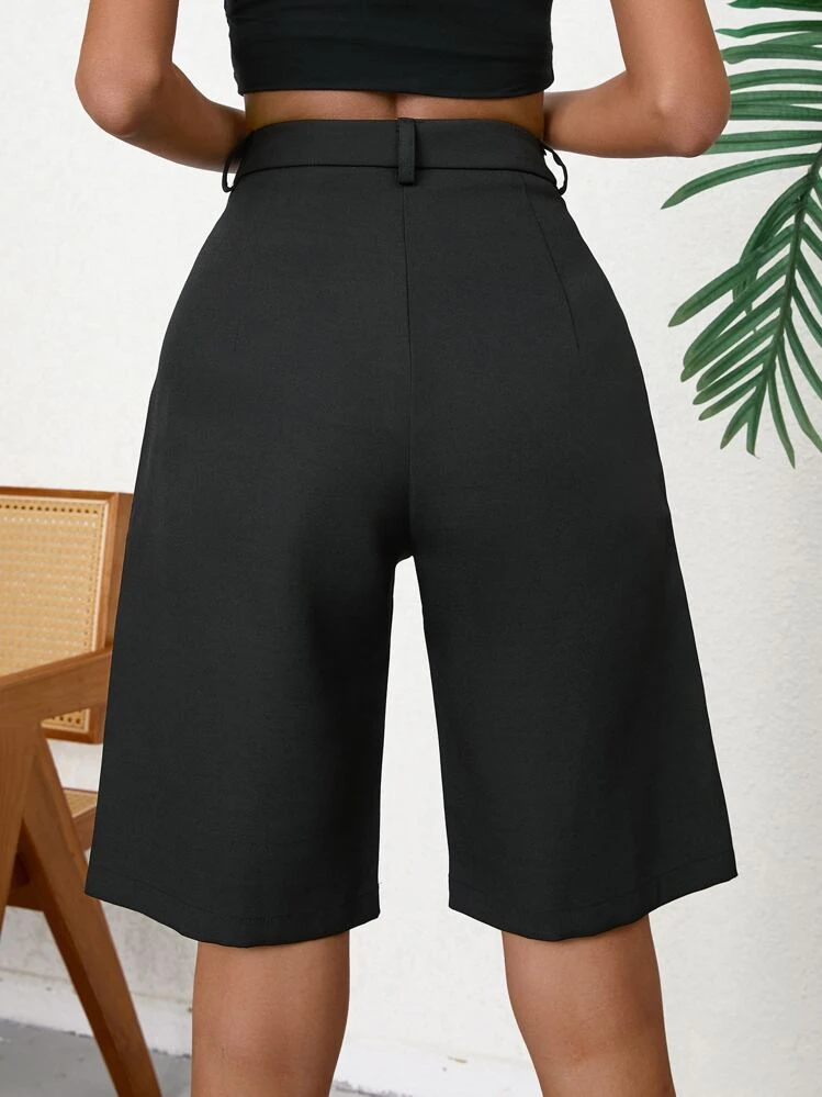 Aveloria Casual Solid Slant Pocket Bermuda Shorts  - Black - View 2