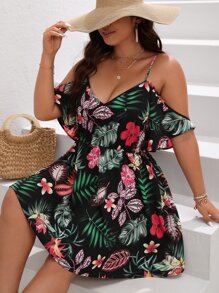 SHEIN VCAY Plus Tropical Print Cold Shoulder Dress - Multicolor - View 1