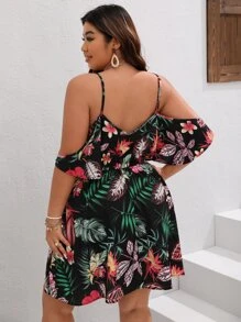 SHEIN VCAY Plus Tropical Print Cold Shoulder Dress - Multicolor - View 3