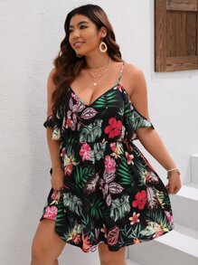 SHEIN VCAY Plus Tropical Print Cold Shoulder Dress - Multicolor - View 4