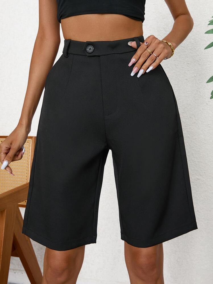 Aveloria Casual Solid Slant Pocket Bermuda Shorts  - Black - View 6