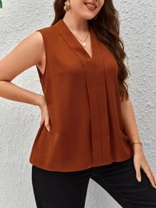 SHEIN Clasi Plus Solid V Neck Sleeveless Blouse - Brown - View 4