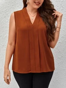 SHEIN Clasi Plus Solid V Neck Sleeveless Blouse - Brown - View 5