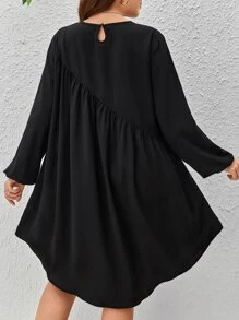 SHEIN Clasi Plus Solid Bishop Sleeve Tunic Dress Without Belt - Black - View 2