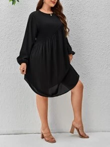 SHEIN Clasi Plus Solid Bishop Sleeve Tunic Dress Without Belt - Black - View 3