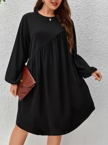 SHEIN Clasi Plus Solid Bishop Sleeve Tunic Dress Without Belt - Black - View 5