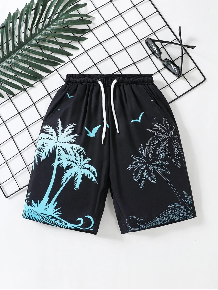 Boys Coconut Tree Print Drawstring Waist Shorts