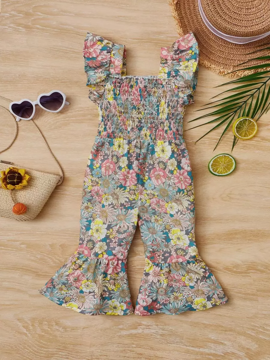 SHEIN Baby Girl Floral Print Ruffle Trim Jumpsuit SHEIN USA