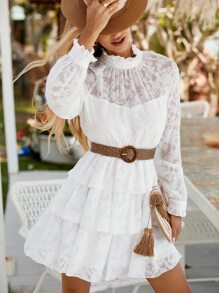 SHEIN VCAY Vestido jacquard de cuello alto bajo con fruncido sin cinturón - Blanco - Ver 2