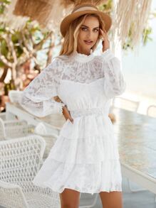 SHEIN VCAY Vestido jacquard de cuello alto bajo con fruncido sin cinturón - Blanco - Ver 4
