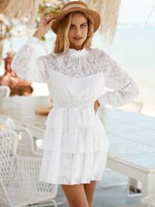 SHEIN VCAY Vestido jacquard de cuello alto bajo con fruncido sin cinturón - Blanco - Ver 5