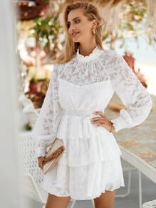 SHEIN VCAY Vestido jacquard de cuello alto bajo con fruncido sin cinturón - Blanco - Ver 7