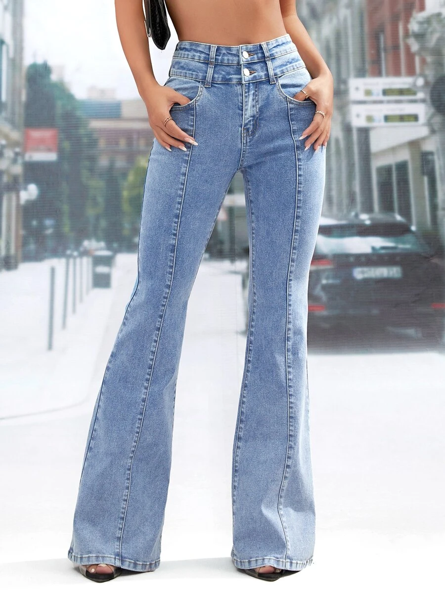 SHEIN Essnce Slant Pocket Flare Leg Jeans - Light Wash - View 1