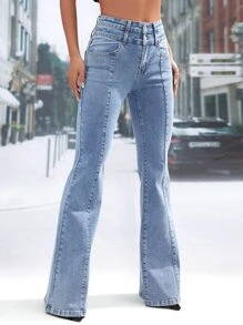 SHEIN Essnce Slant Pocket Flare Leg Jeans - Light Wash - View 3