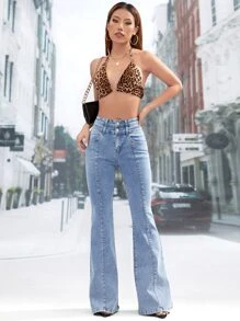 SHEIN Essnce Slant Pocket Flare Leg Jeans - Light Wash - View 5