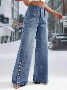 SHEIN Essnce Button Fly Wide Leg Jeans - Medium Wash - View 3