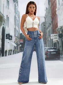 SHEIN Essnce Button Fly Wide Leg Jeans - Medium Wash - View 4