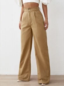 SHEIN Privé 高腰闊腿牛仔褲 - 棕色 - 查看 3