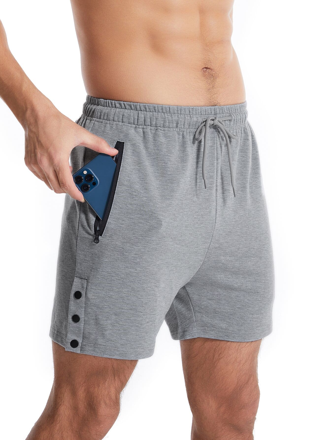 Men Zipper Pocket Drawstring Waist Sports Shorts - Grey - View 1