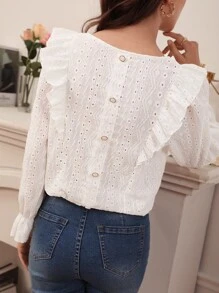 SHEIN Frenchy Button Back Ruffle Trim Flounce Sleeve Schiffy Blouse Winter White White Casual - White - View 1