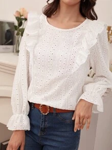 SHEIN Frenchy Button Back Ruffle Trim Flounce Sleeve Schiffy Blouse Winter White White Casual - White - View 2