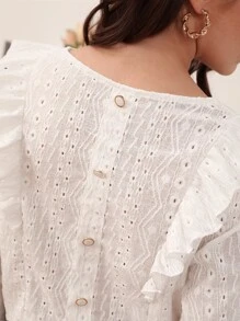 SHEIN Frenchy Button Back Ruffle Trim Flounce Sleeve Schiffy Blouse Winter White White Casual - White - View 3