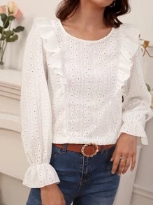 SHEIN Frenchy Button Back Ruffle Trim Flounce Sleeve Schiffy Blouse Winter White White Casual - White - View 4