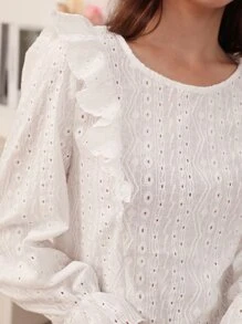 SHEIN Frenchy Button Back Ruffle Trim Flounce Sleeve Schiffy Blouse Winter White White Casual - White - View 5