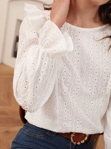 SHEIN Frenchy Button Back Ruffle Trim Flounce Sleeve Schiffy Blouse Winter White White Casual - White - View 6