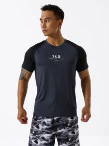 Men Letter Graphic Raglan Sleeve Sports Tee - Dark Grey - View 1