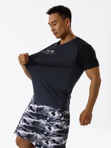 Men Letter Graphic Raglan Sleeve Sports Tee - Dark Grey - View 3