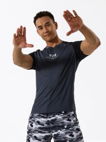 Men Letter Graphic Raglan Sleeve Sports Tee - Dark Grey - View 4