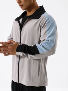 Men Slogan Graphic Sports Zipper Front Jacket - Light Grey - View 2