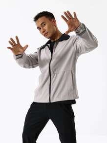 Men Slogan Graphic Sports Zipper Front Jacket - Light Grey - View 5